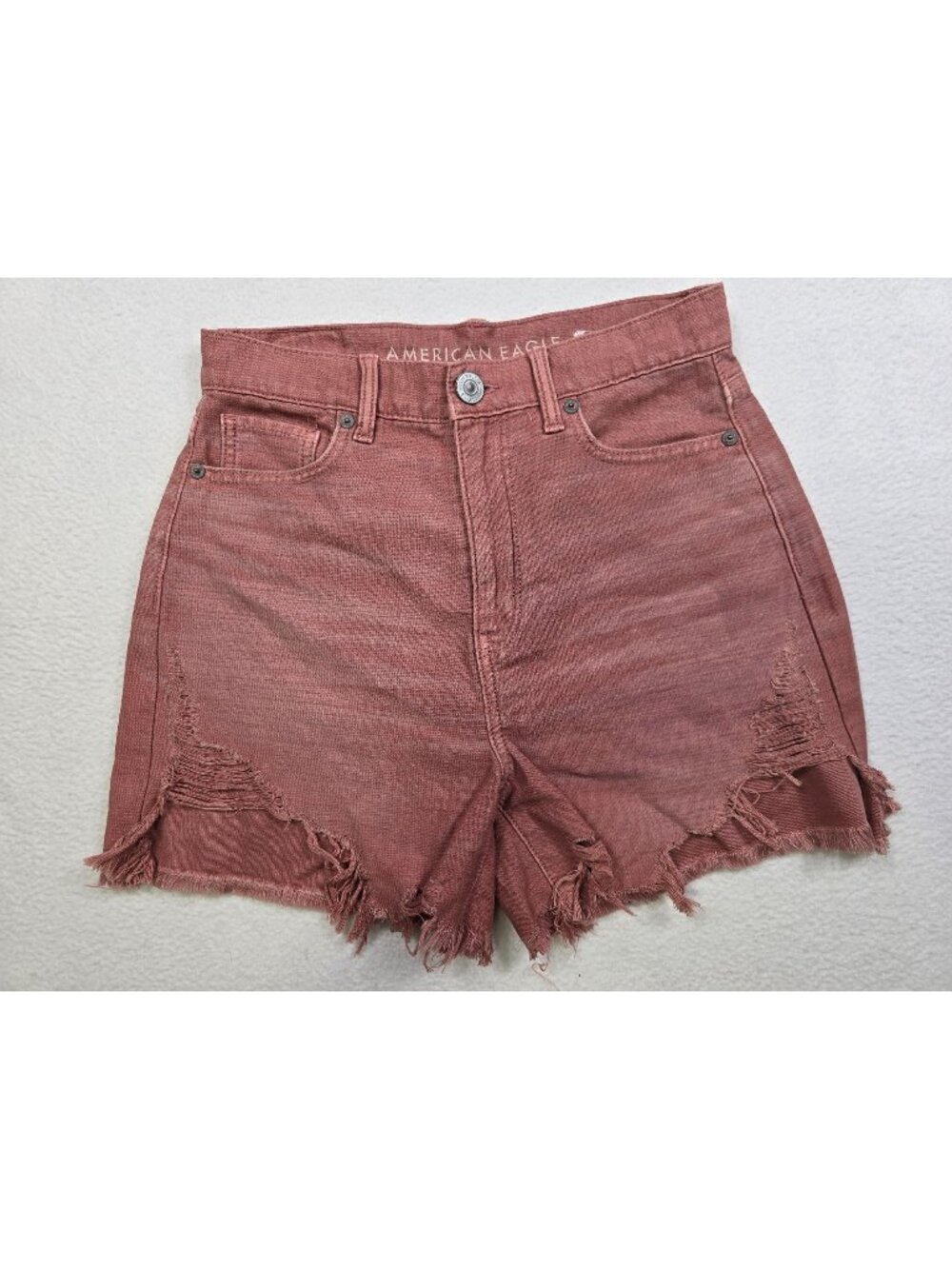 American Eagle Highest Rise Mom Shorts Size 0 Mauve Denim Frayed Hem Dusty Red